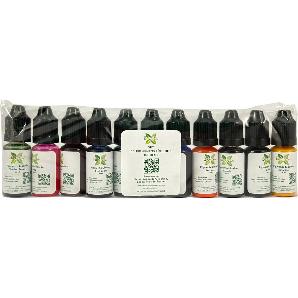 Set 11 Pigmentos líquidos 10ml (rojo, rosa, naranja, amarillo, verde limon, verde esmeralda, violeta, azul cielo, azul indigo, café y negro) Para uso en velas, jabón de glicerina, saponificación o resina.