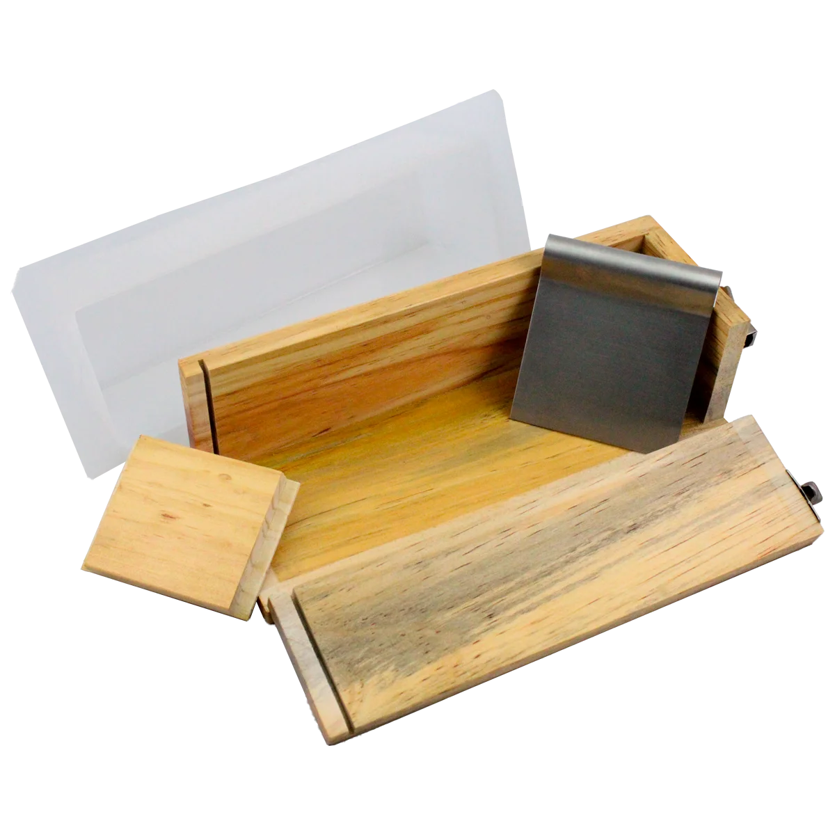 MOLDE DE MADERA CON BISAGRA DE 1KG ( MOLDE DE MADERA CON BISAGRA (SE ABREN LAS PAREDES), MOLDE DE POLIETILENO FLEXIBLE 1KG, Y GUILLOTINA DE ACERO INOXIDABLE LISA.
